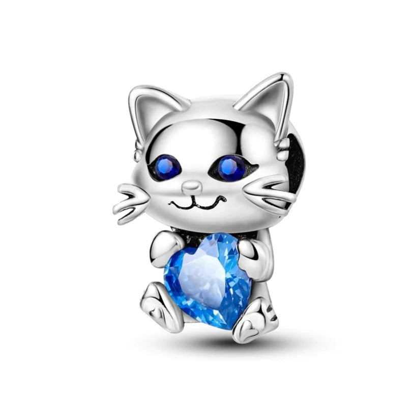 Sparkling Blue Cubic Zirconia Cute Cat Pet Charm for Bracelet, S925 Sterling Silver