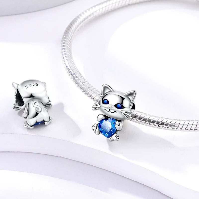 Sparkling Blue Cubic Zirconia Cute Cat Pet Charm for Bracelet, S925 Sterling Silver