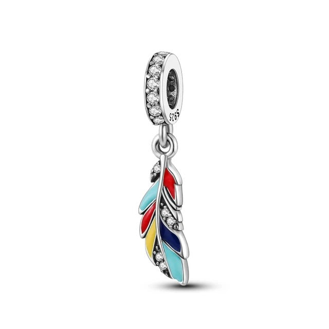 Sparkling Coloured Feather Charm for Bracelet, S925 Sterling Silver