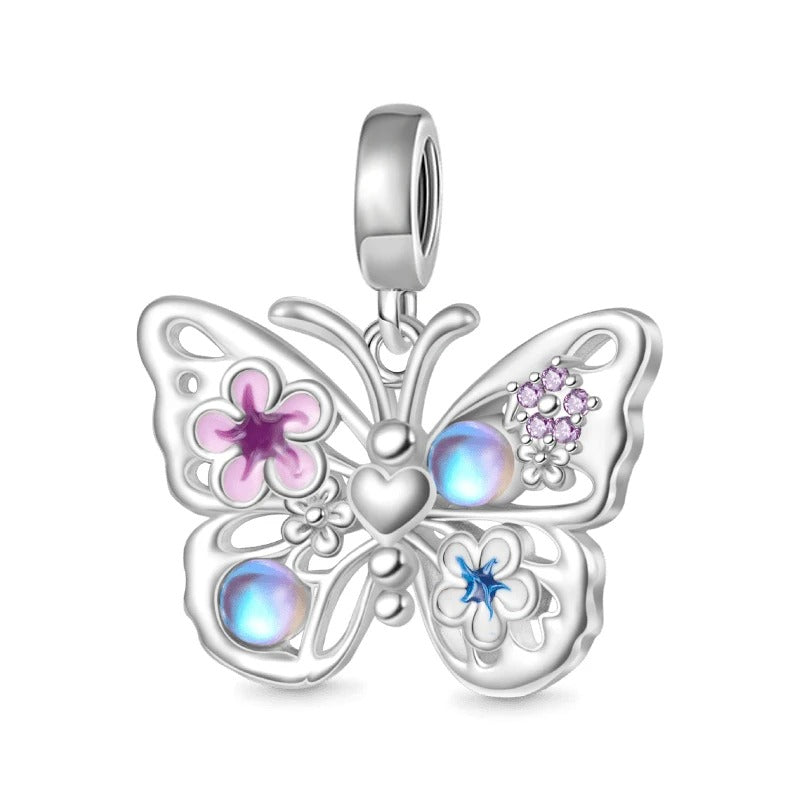 Sparkling Flying Butterfly Dangle Charm for Bracelet, S925 Sterling Silver