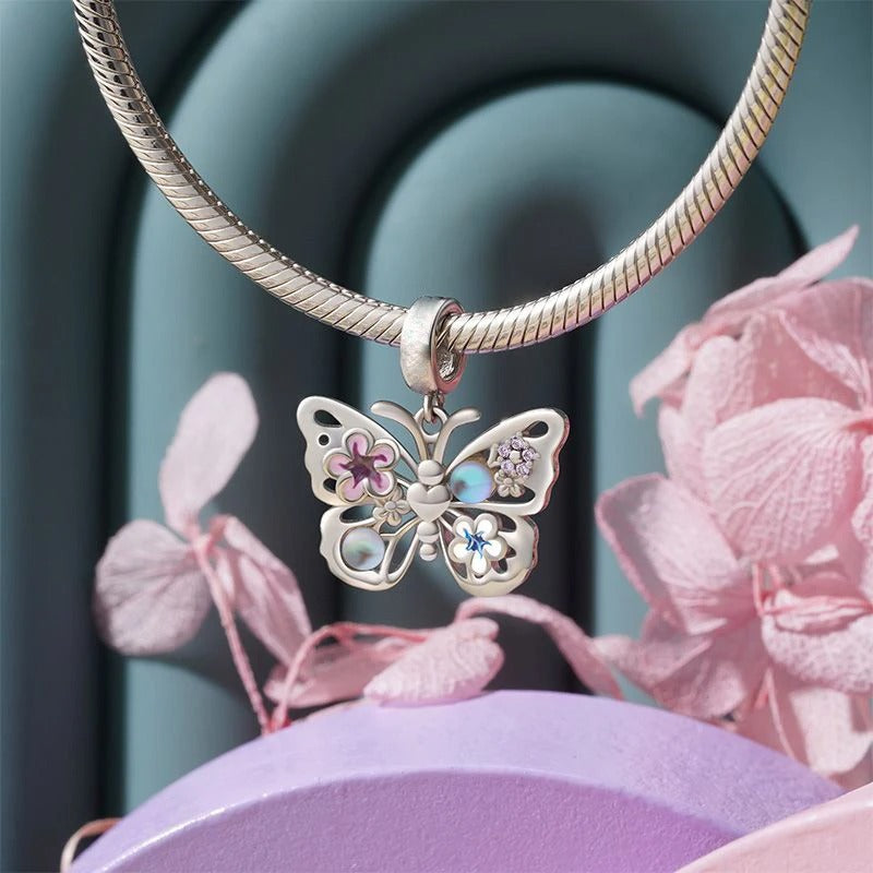 Sparkling Flying Butterfly Dangle Charm for Bracelet, S925 Sterling Silver