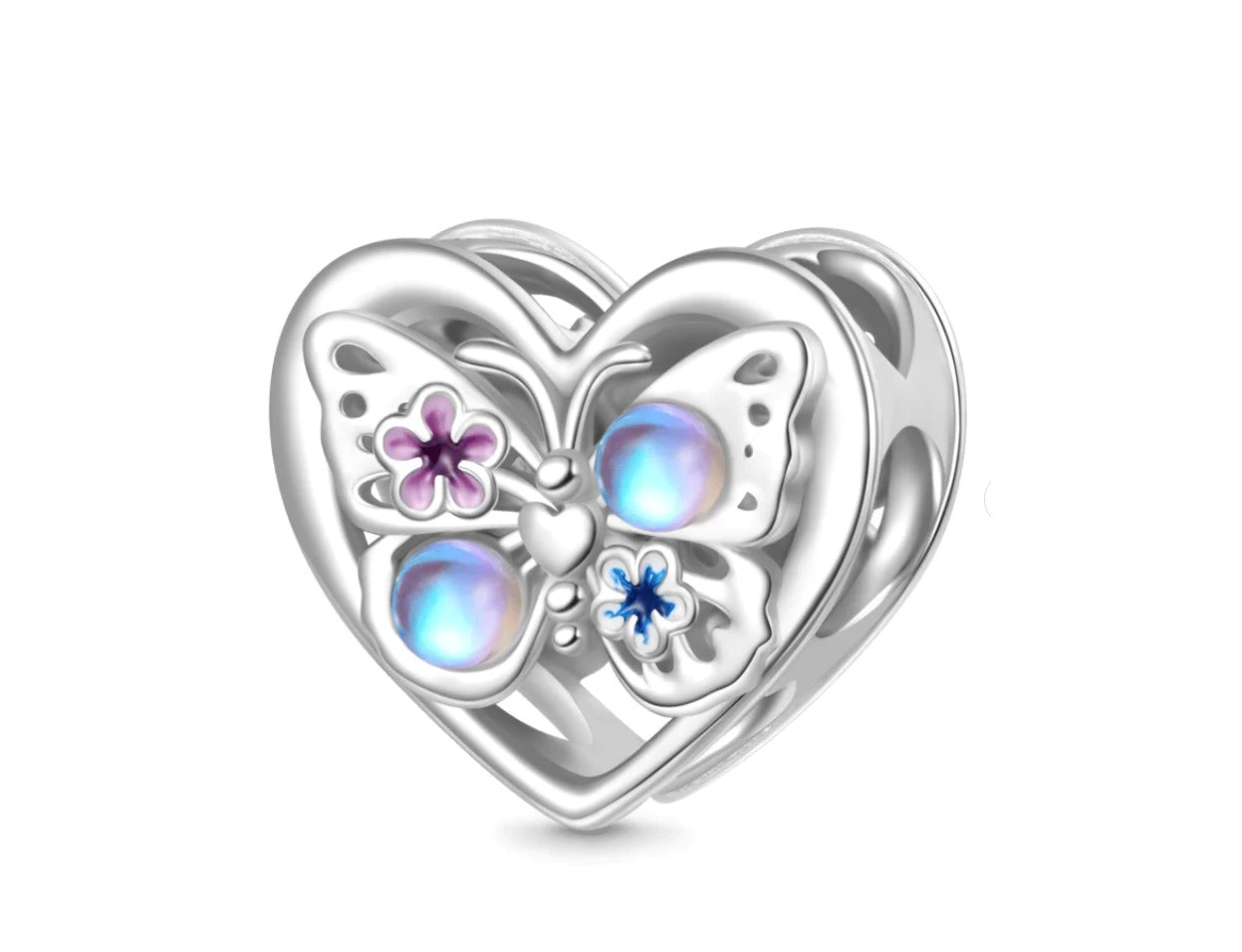 Sparkling Moonstone Butterfly Heart Charm for Bracelet, S925 Sterling Silver