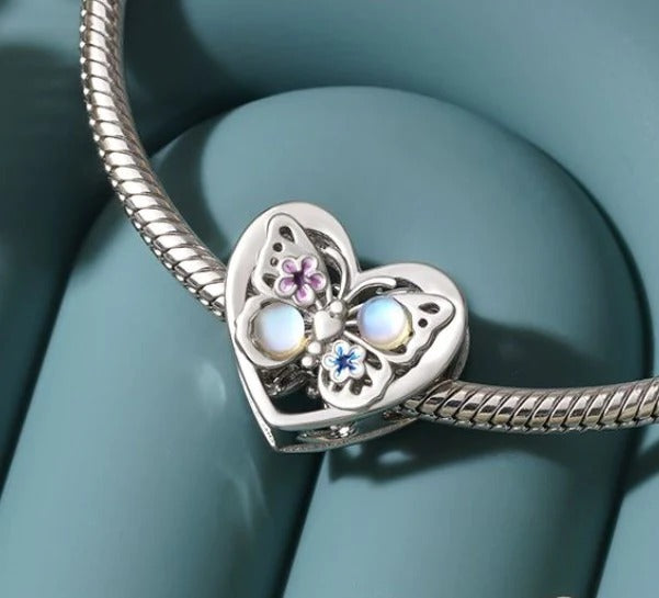 Sparkling Moonstone Butterfly Heart Charm for Bracelet, S925 Sterling Silver