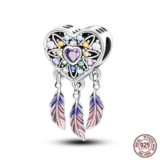 Spiritual Dreamcatcher Heart Charm for Bracelet, S925 Sterling Silver