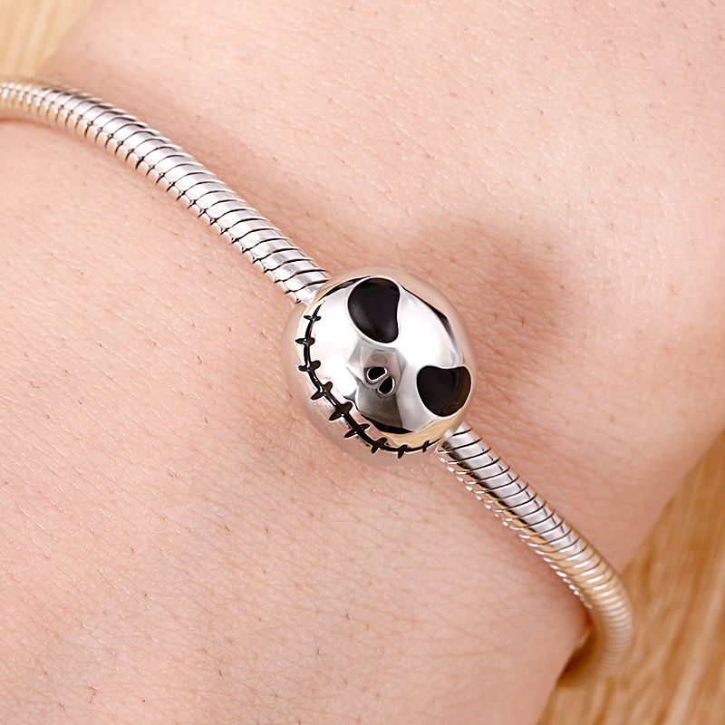 Stitched Skull Halloween Charm for Bracelet, S925 Sterling Silver