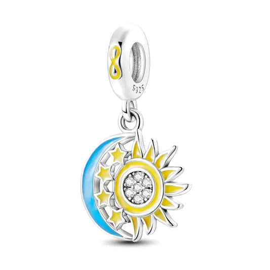 Sun and Moon Dangle Charm for Bracelet, S925 Sterling Silver