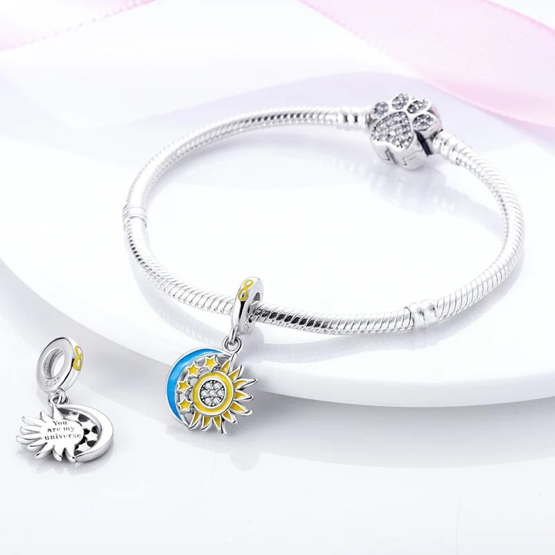 Sun and Moon Dangle Charm for Bracelet, S925 Sterling Silver