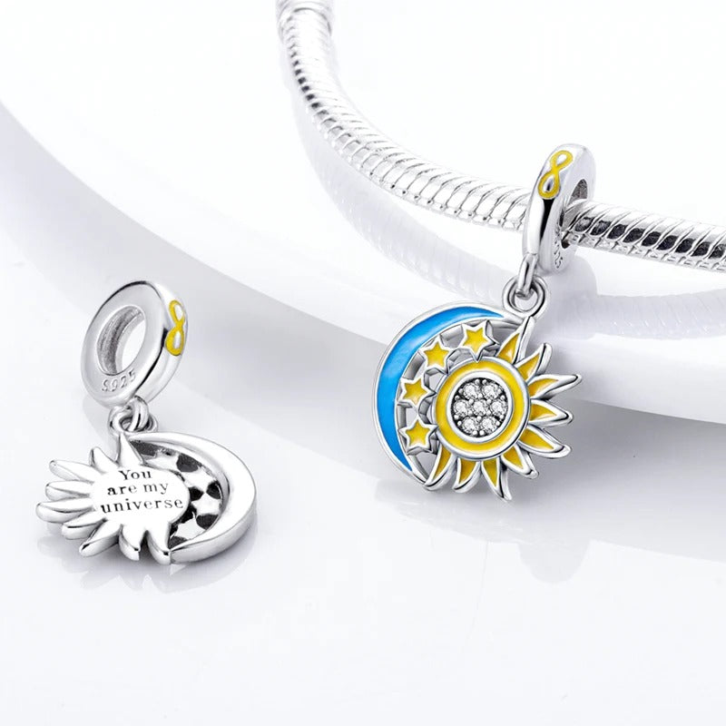 Sun and Moon Dangle Charm for Bracelet, S925 Sterling Silver