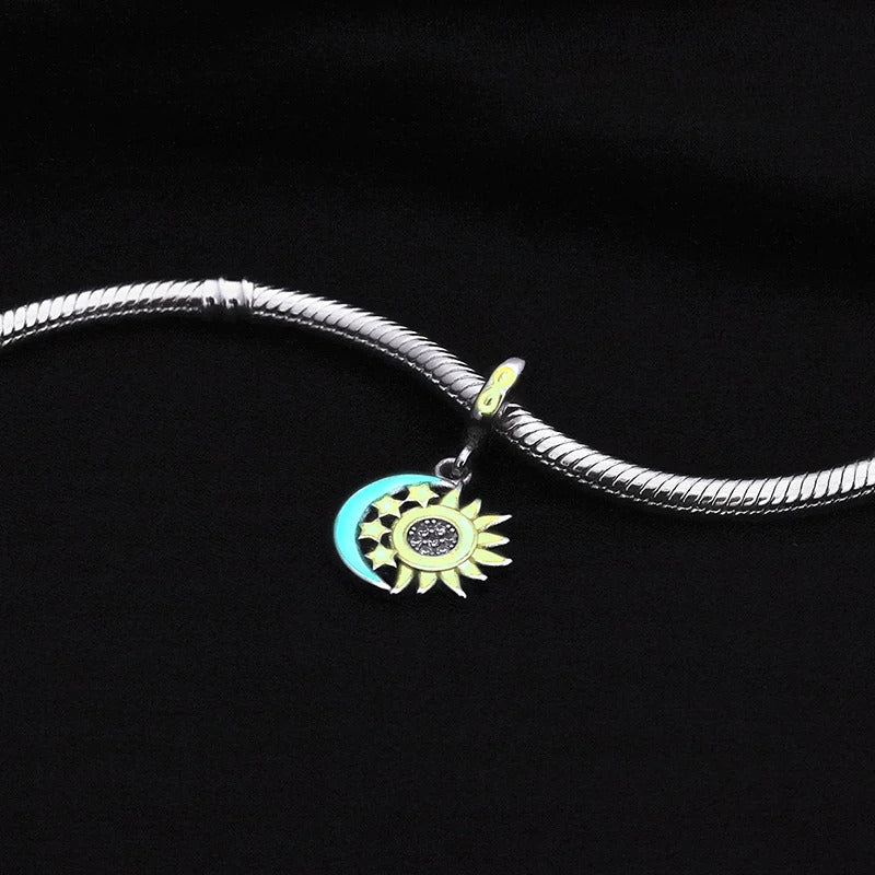 Sun and Moon Dangle Charm for Bracelet, S925 Sterling Silver