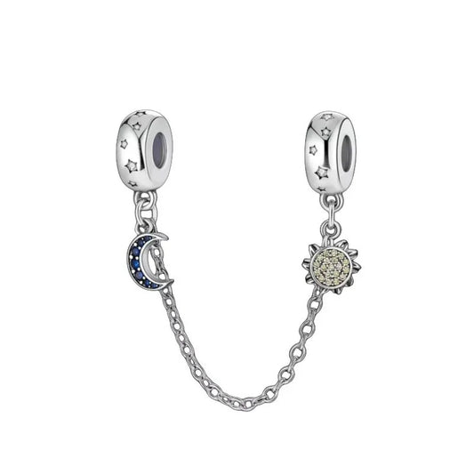 Sun and Moon Safety Chain Charm for Bracelet, S925 Sterling Silver