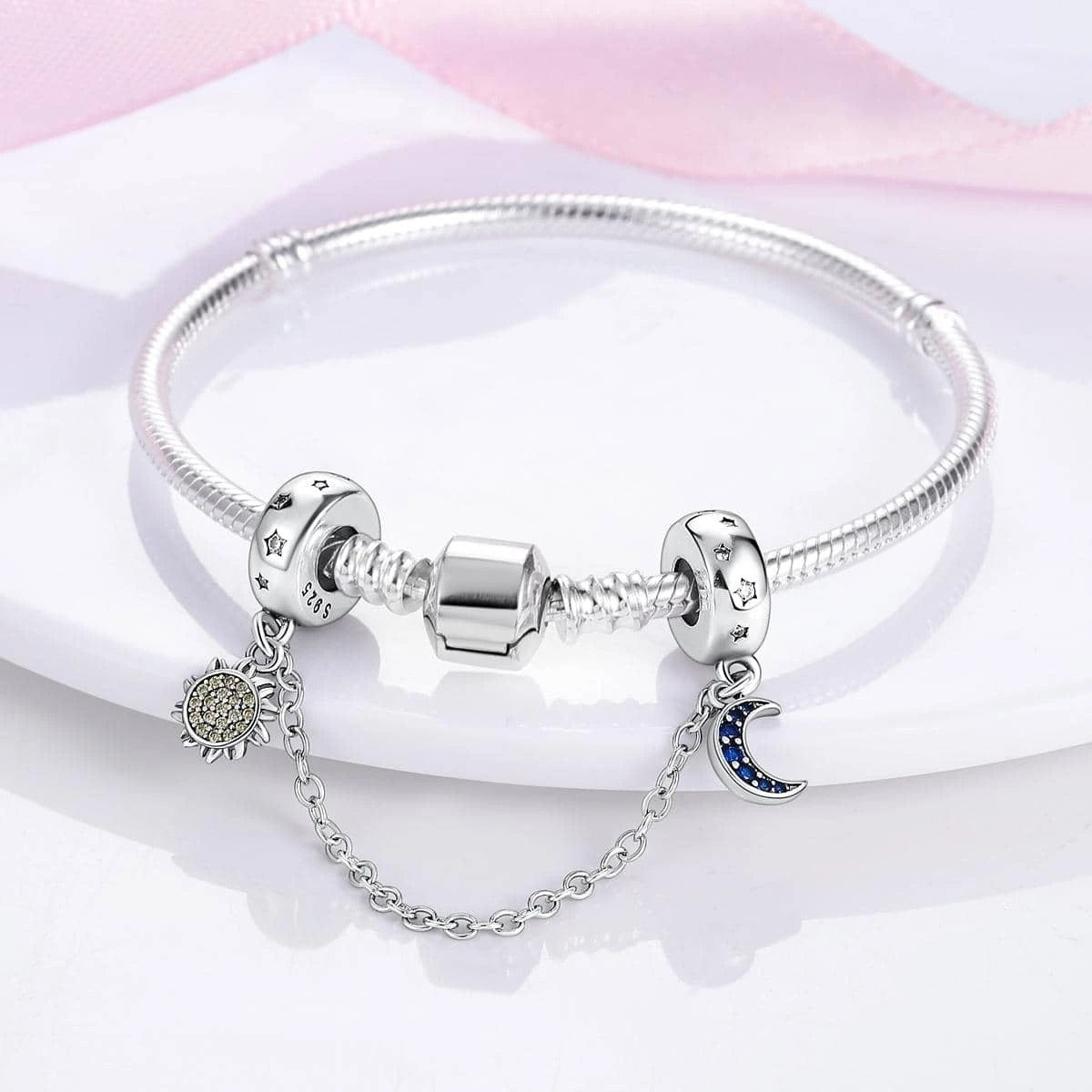 Sun and Moon Safety Chain Charm for Bracelet, S925 Sterling Silver