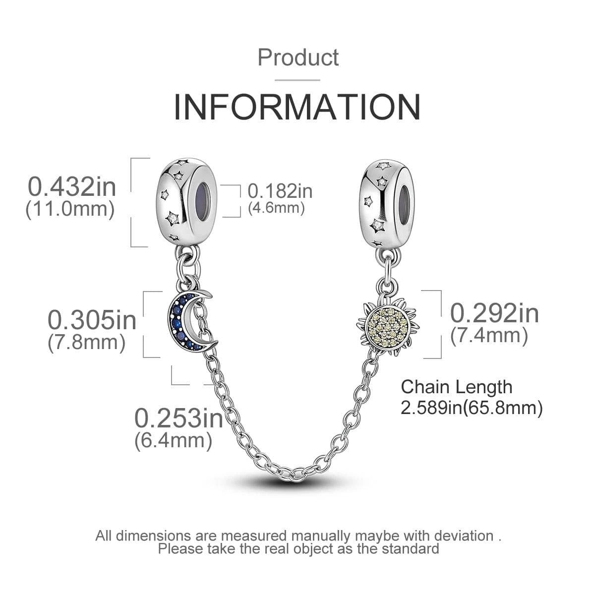 Sun and Moon Safety Chain Charm for Bracelet, S925 Sterling Silver