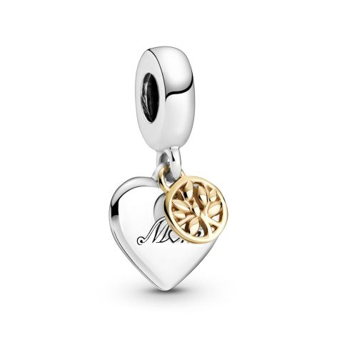 Two Tone Family Tree Mom Heart Dangle Charm For Bracelet, S925 Sterling Silver