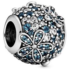 Teal Pave Daisy Flower Charm For Bracelet, S925 Sterling Silver