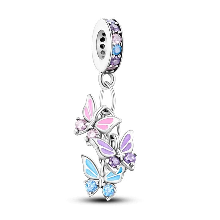 Three Butterflies Dangle Charm for Bracelet, S925 Sterling Silver