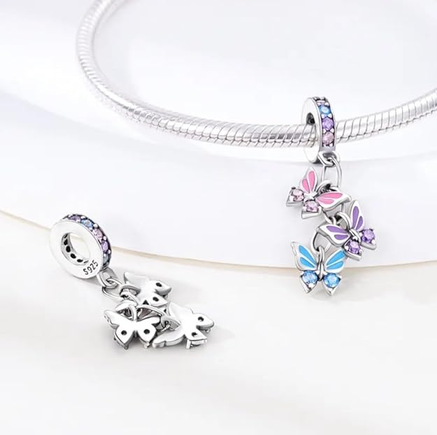 Three Butterflies Dangle Charm for Bracelet, S925 Sterling Silver