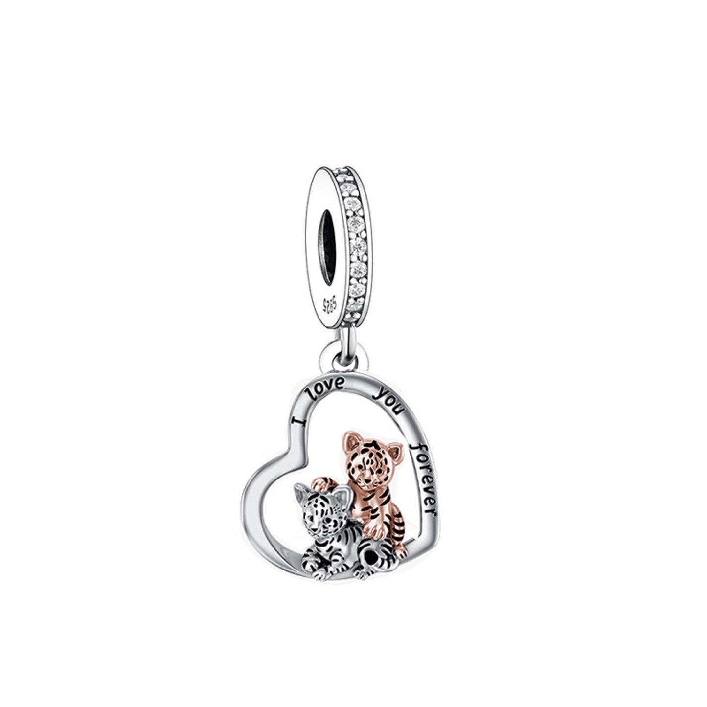 Tiger Cub Pals I Love Pendant Charm for Bracelet, S925 Sterling Silver