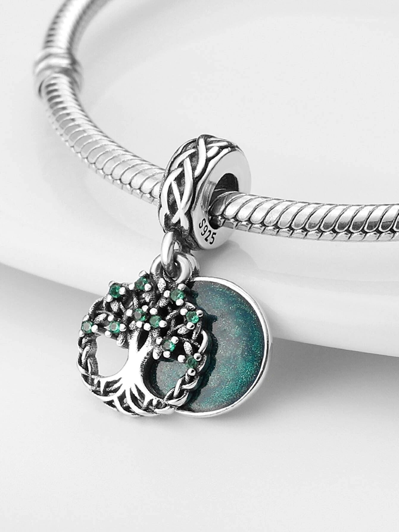 Tree of Life Green Pendant Charm for Bracelet, S925 Sterling Silver