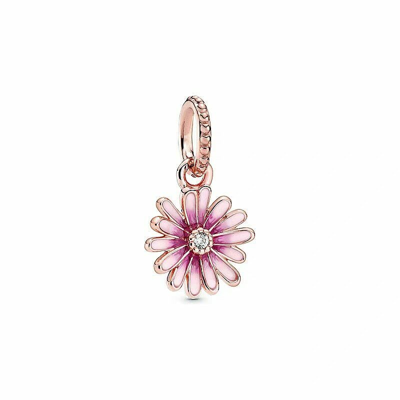 Rose Gold Pink Daisy Dangle Charm For Bracelet, S925 Sterling Silver