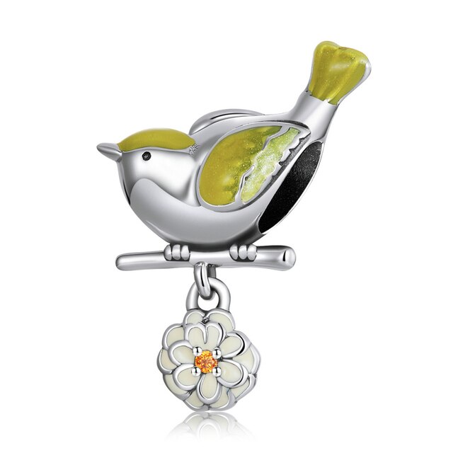 Yellow Bird and Flower Charm for Bracelet, S925 Sterling Silver