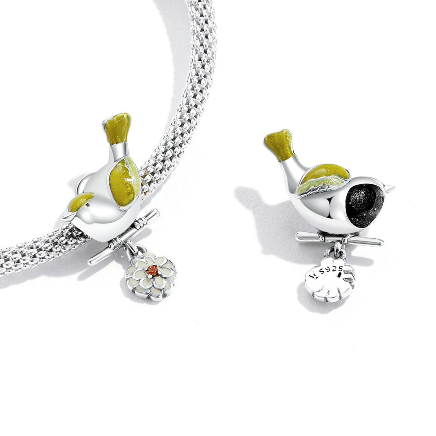 Yellow Bird and Flower Charm for Bracelet, S925 Sterling Silver