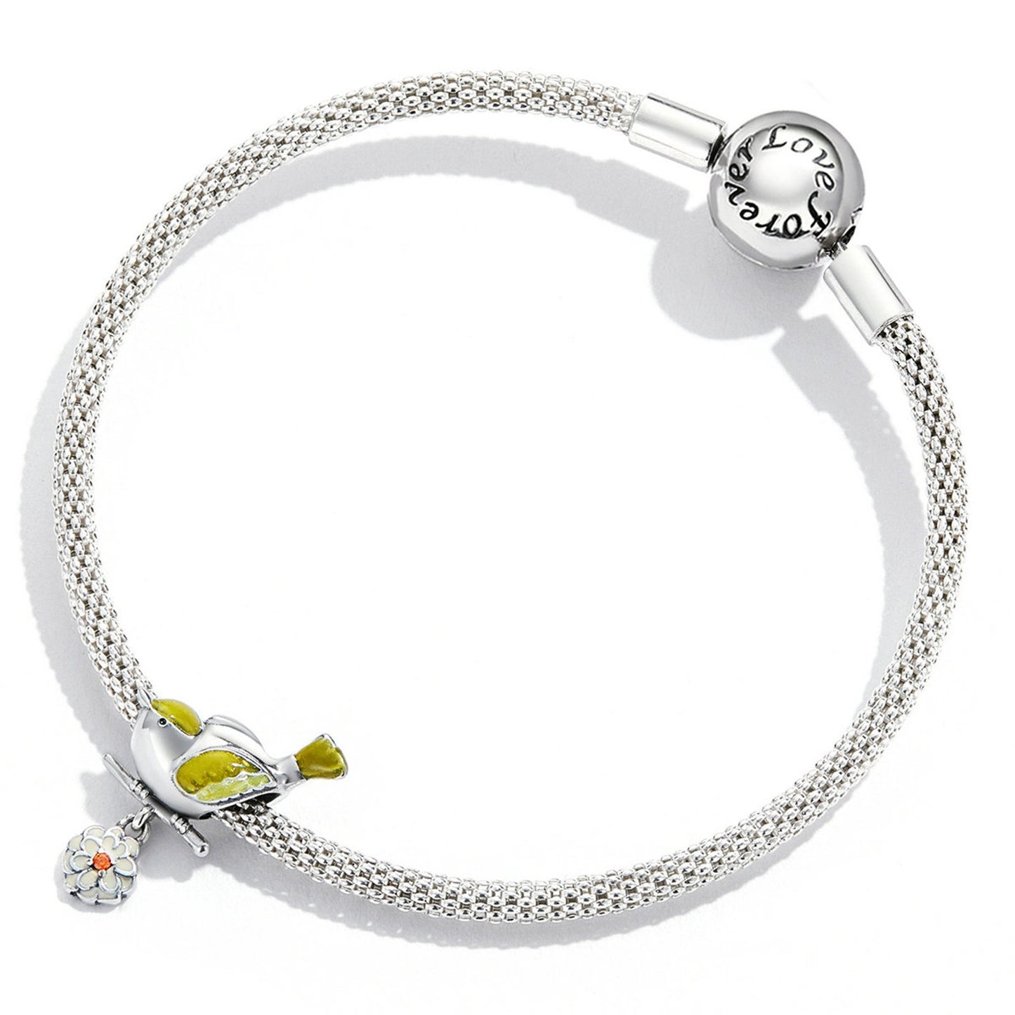 Yellow Bird and Flower Charm for Bracelet, S925 Sterling Silver