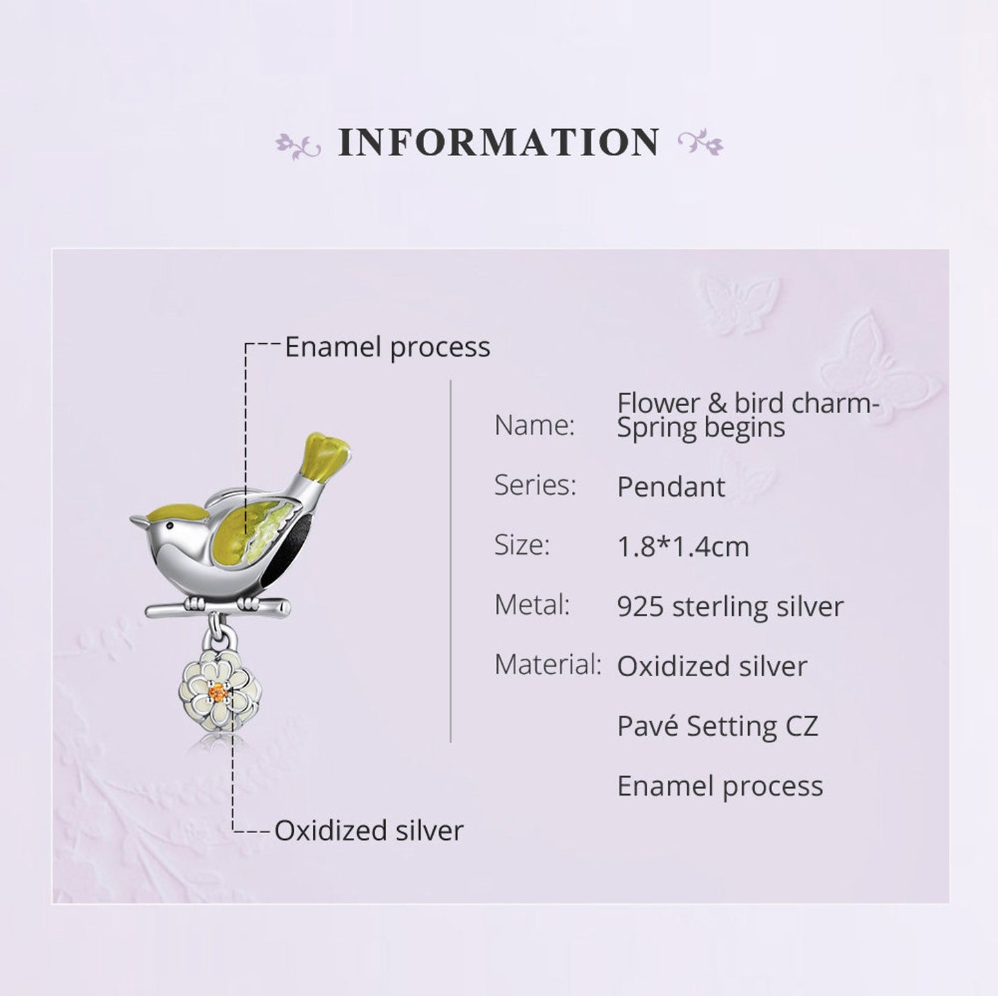 Yellow Bird and Flower Charm for Bracelet, S925 Sterling Silver