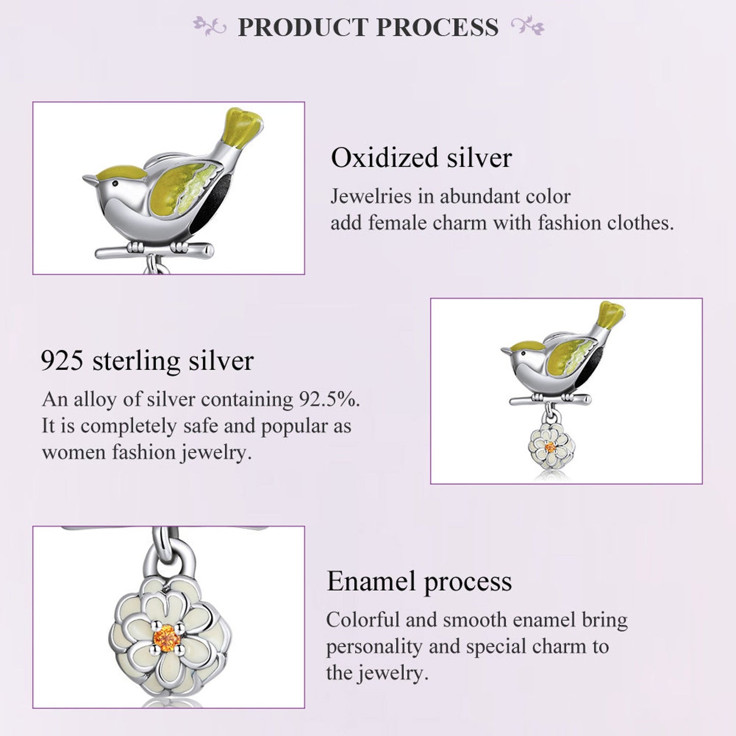 Yellow Bird and Flower Charm for Bracelet, S925 Sterling Silver