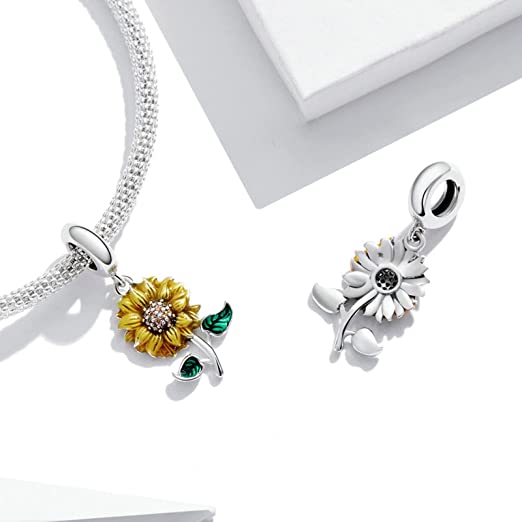 Yellow & Green Stemmed Sunflower Charm for Bracelet, S925 Sterling Silver