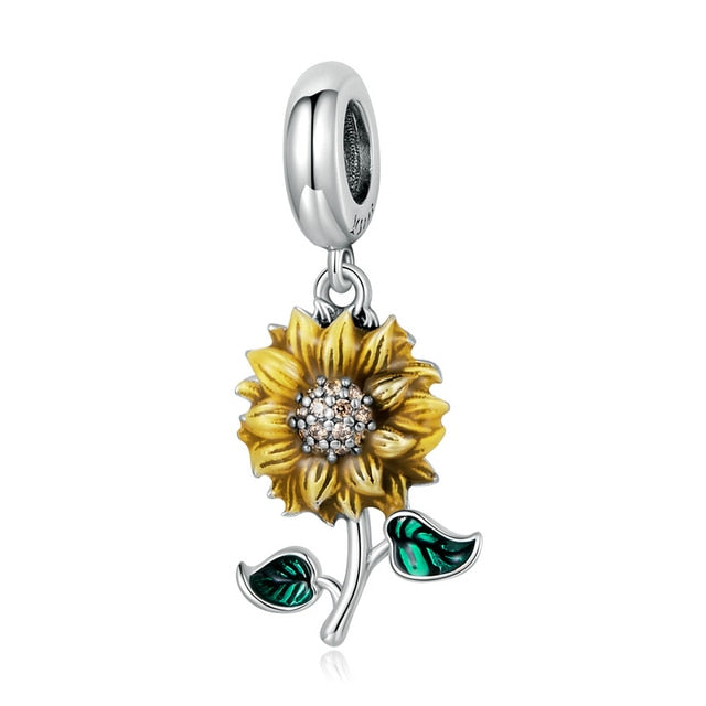 Yellow & Green Stemmed Sunflower Charm for Bracelet, S925 Sterling Silver