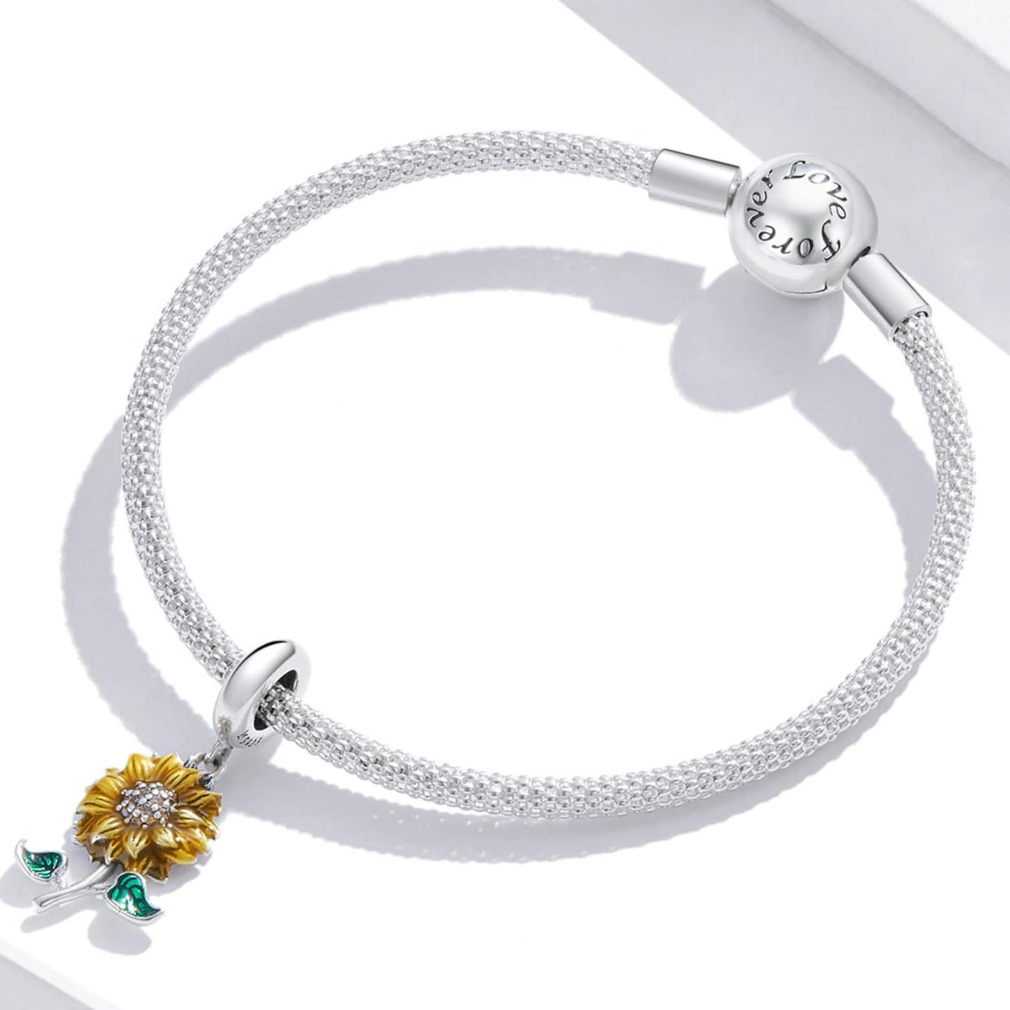 Yellow & Green Stemmed Sunflower Charm for Bracelet, S925 Sterling Silver