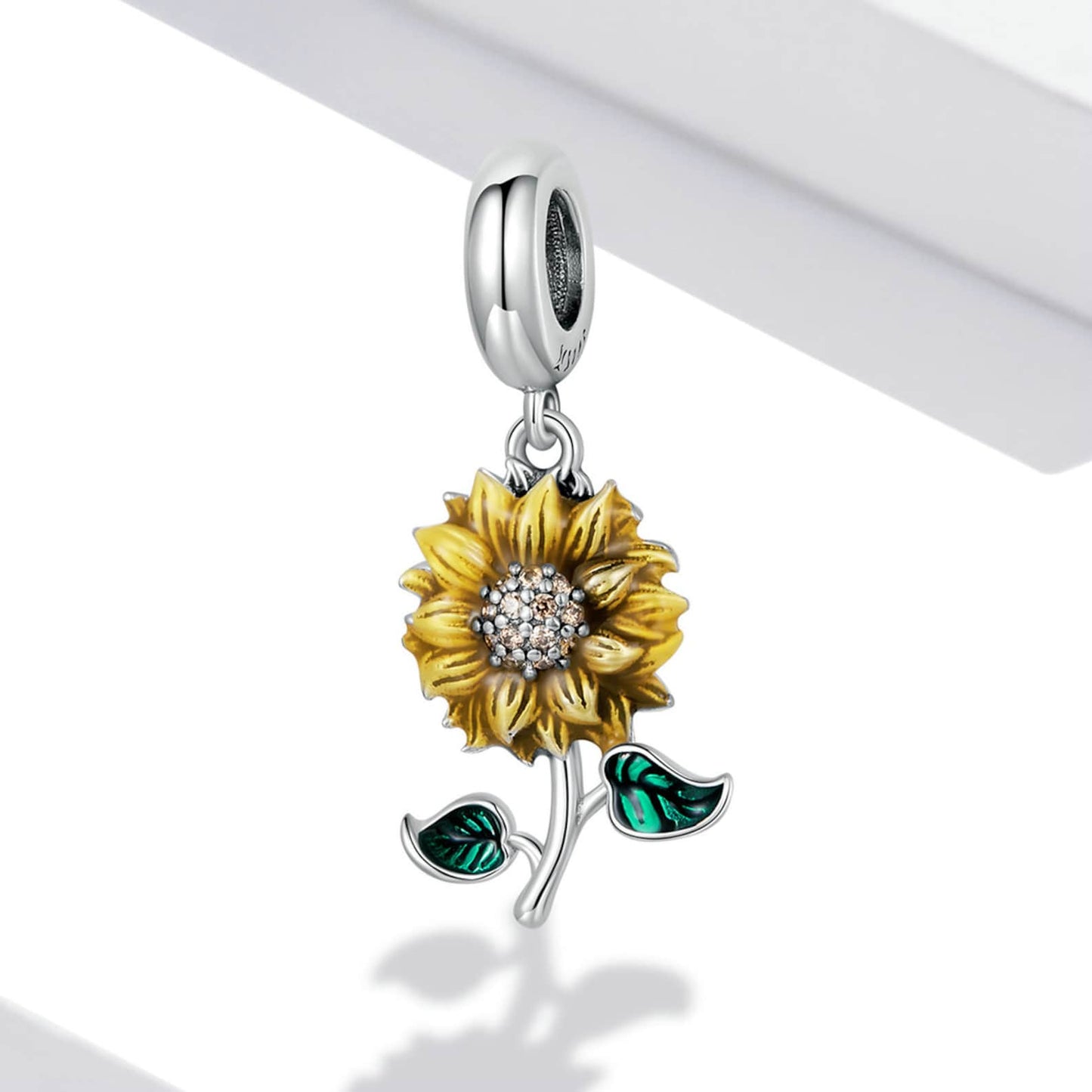 Yellow & Green Stemmed Sunflower Charm for Bracelet, S925 Sterling Silver