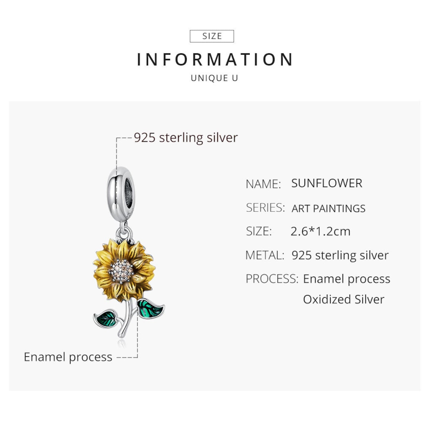 Yellow & Green Stemmed Sunflower Charm for Bracelet, S925 Sterling Silver