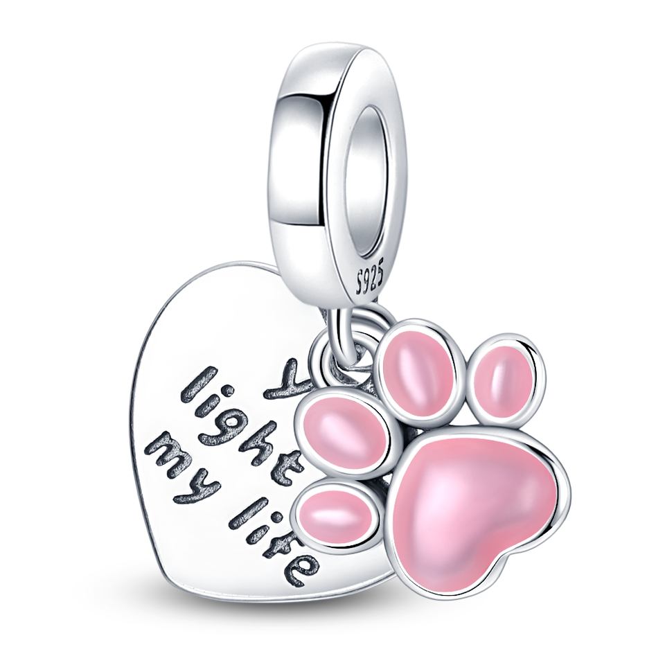 You Light Up My Life Paw Print and Heart Dangle Charm for Bracelet, S925 Sterling Silver