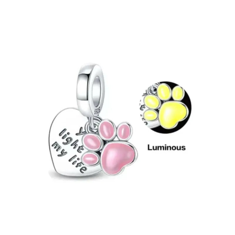 You Light Up My Life Paw Print and Heart Dangle Charm for Bracelet, S925 Sterling Silver