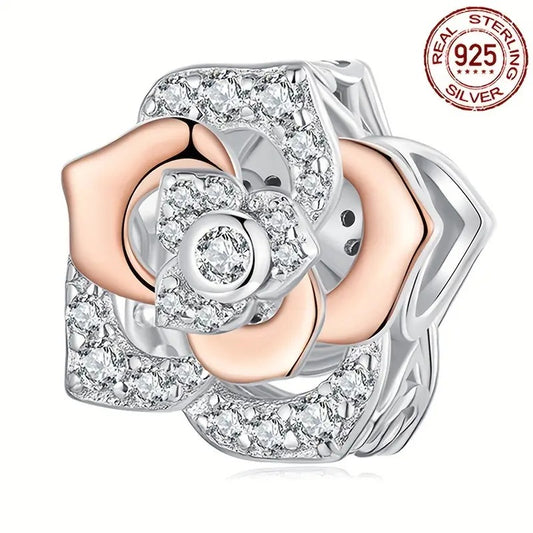 Zircon Rose Flower Charm for Bracelet, S925 Sterling Silver