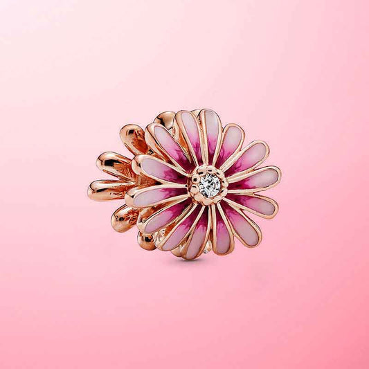 Rose Gold Pink Daisy Flower Charm For Bracelet, S925 Sterling Silver