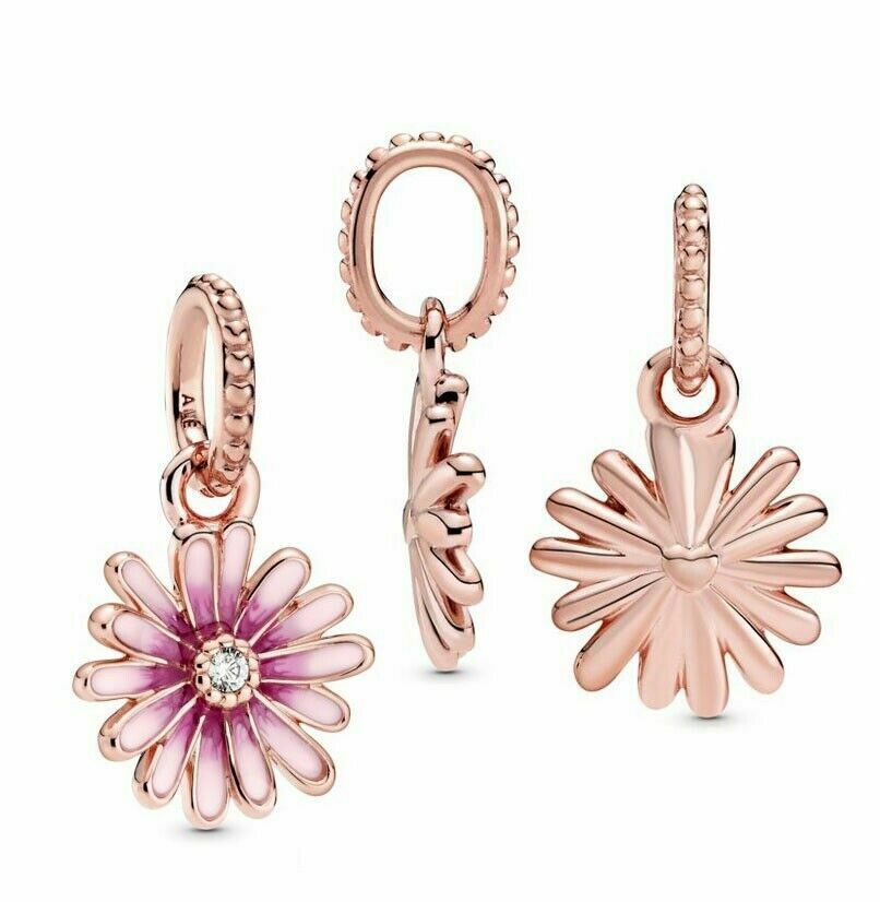 Rose Gold Pink Daisy Dangle Charm For Bracelet, S925 Sterling Silver