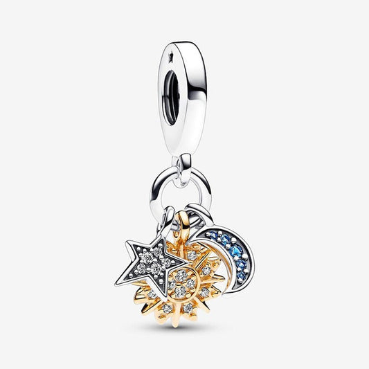 Two-tone Celestial Triple Dangle Charm for Bracelet, S925 Sterling Silver