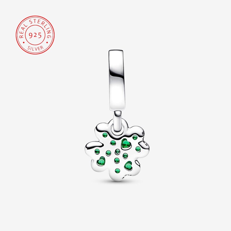 Four Leaf Clover Dangle Charm for Bracelet, S925 Sterling Silver