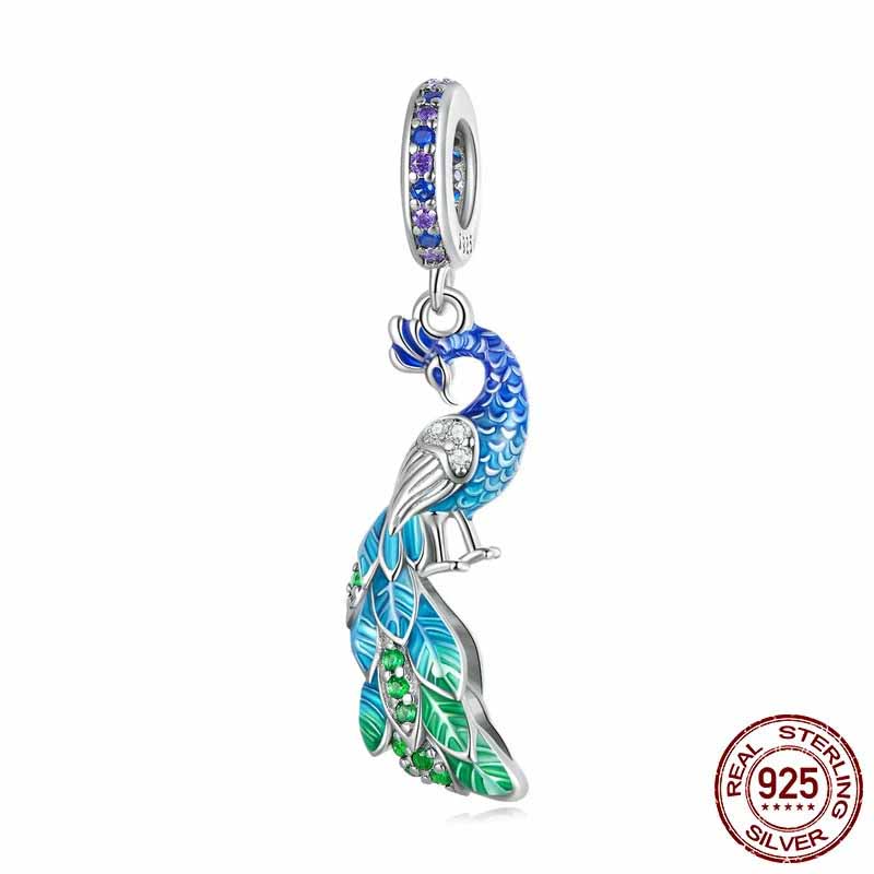 Blue Enchanting Peacock Pendant Charm for Bracelet, S925 Sterling Silver