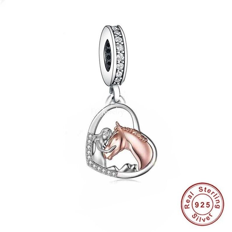 Girl and Her Horse Heart Charm for Bracelet, S925 Sterling Silver