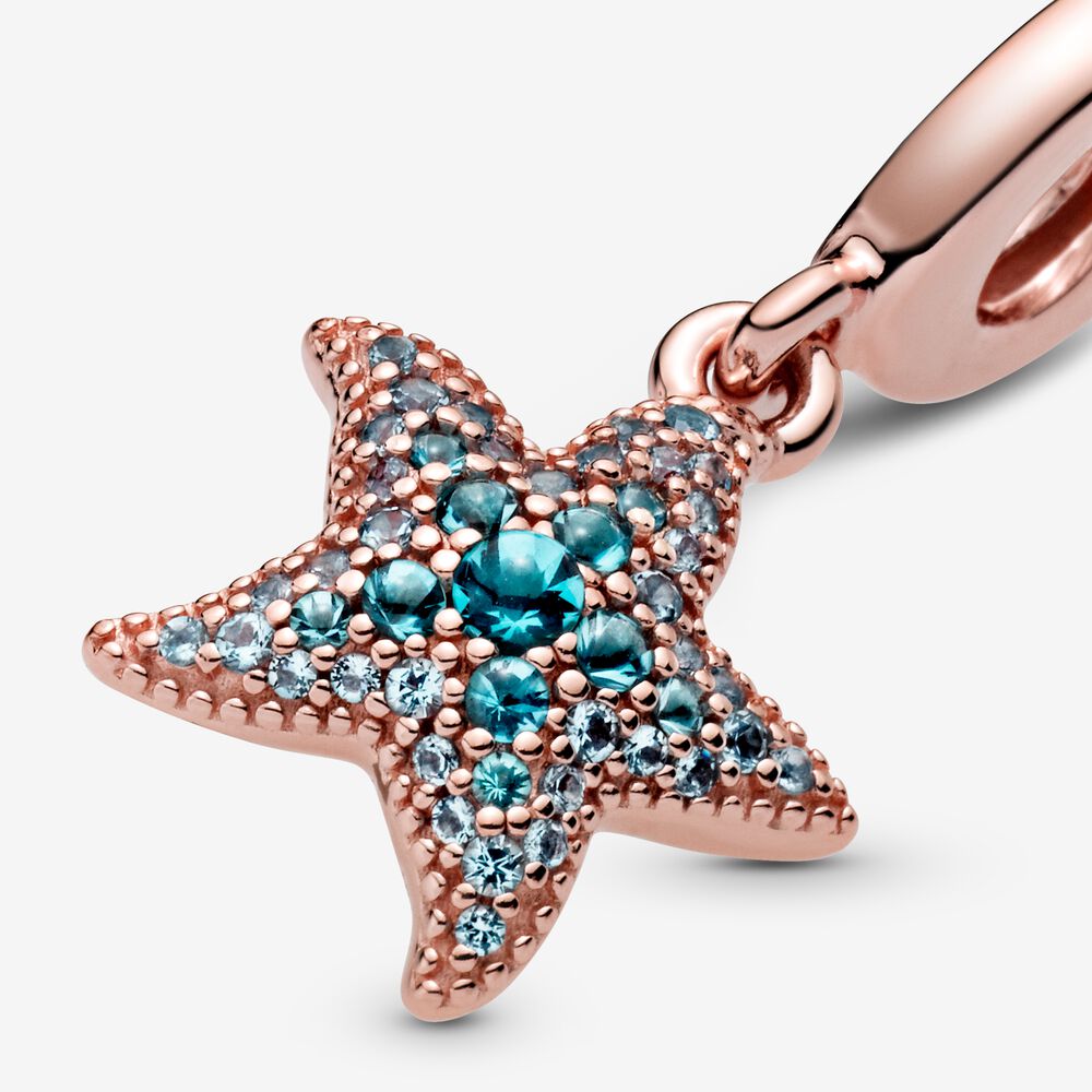 Ocean Sea Life Sparkling Starfish Dangle Charm For Bracelet, S925 Sterling Silver