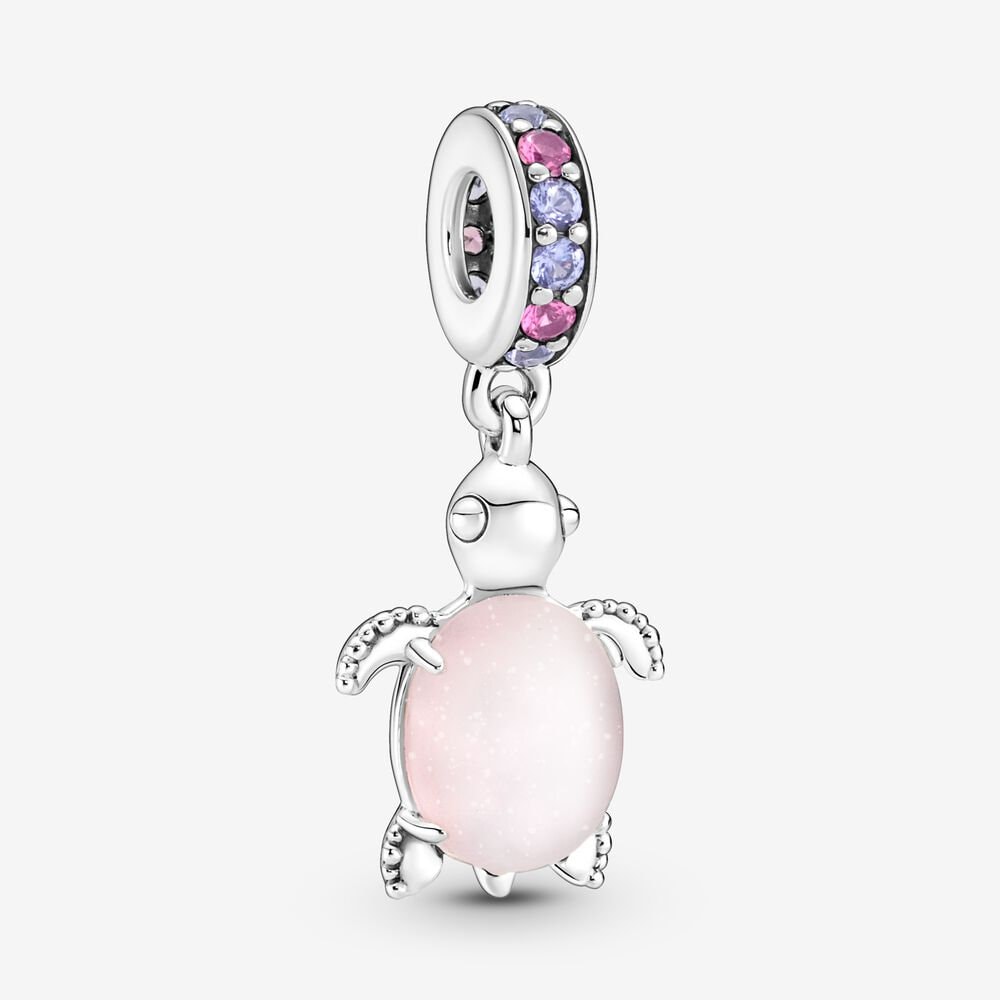 Ocean Sea Life Murano Pink Turtle Dangle Charm For Bracelet, S925 Sterling Silver