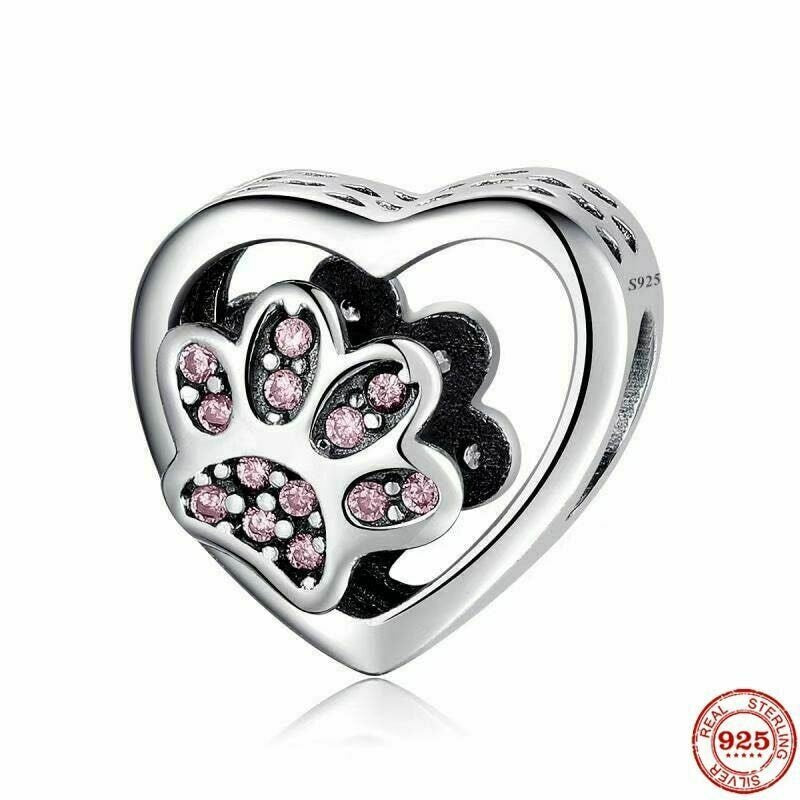 Pink Paw Print Heart Charm For Bracelet, S925 Sterling Silver