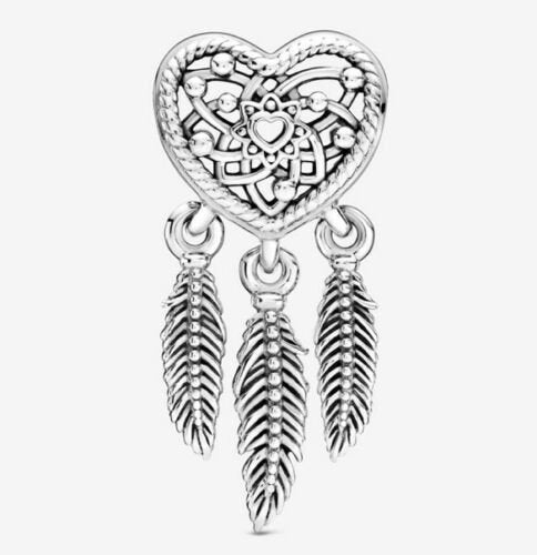 Three Feather Heart Dreamcatcher Charm For Bracelet, S925 Sterling Silver