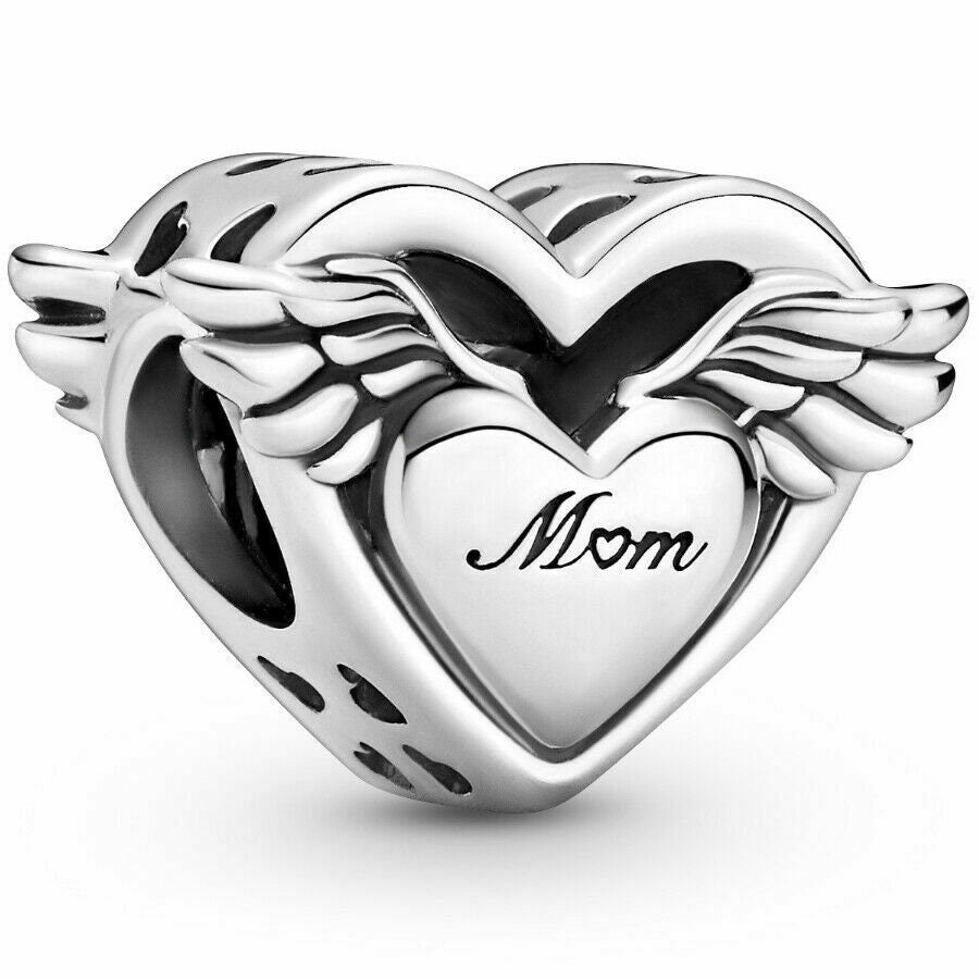 Mom & Angel Wings Heart Charm For Bracelet, S925 Sterling Silver