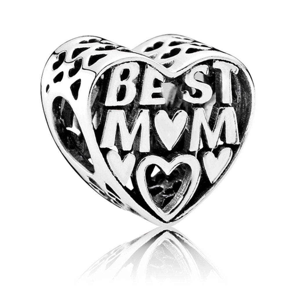 Best Mom Heart Charm For Bracelet, S925 Sterling Silver