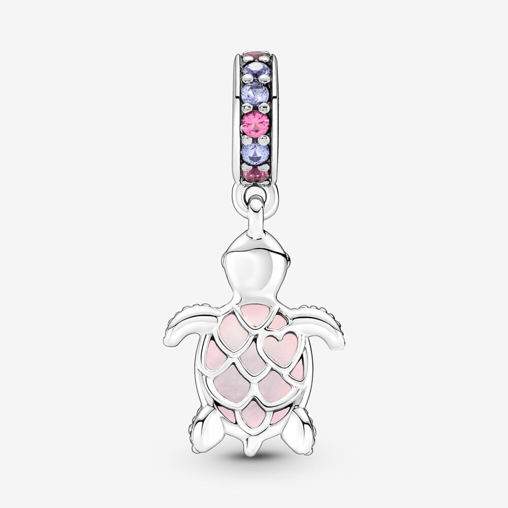 Ocean Sea Life Murano Pink Turtle Dangle Charm For Bracelet, S925 Sterling Silver