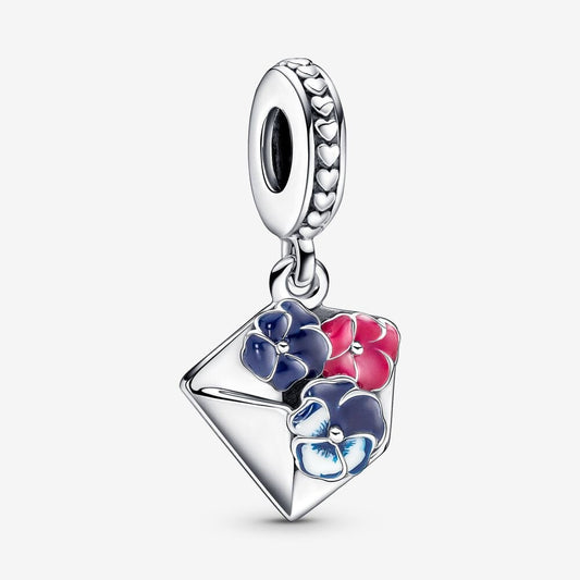 Pansy Flower Envelope Dangle Charm For Bracelet, S925 Sterling Silver